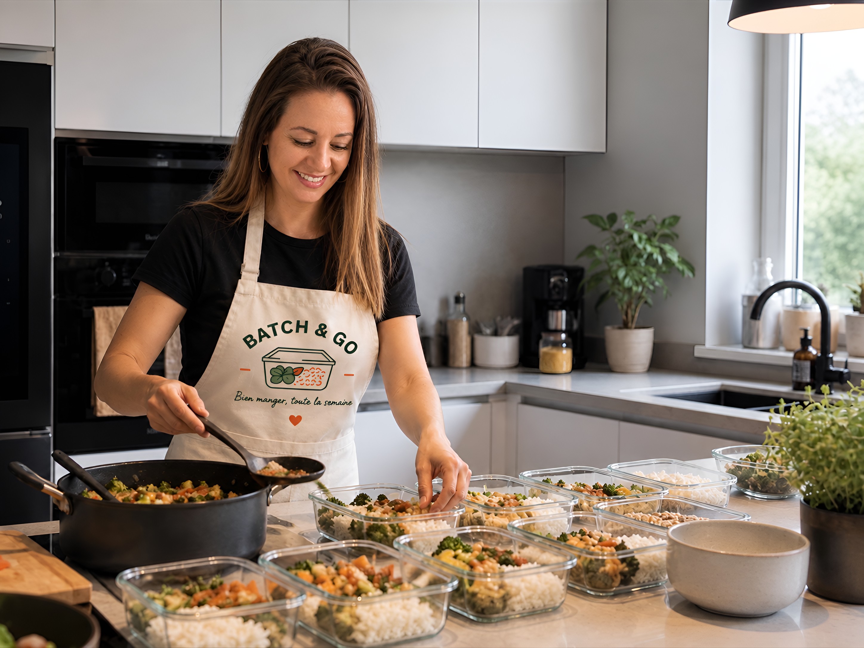 Un chef prépare des repas en batch cooking dans des contenants