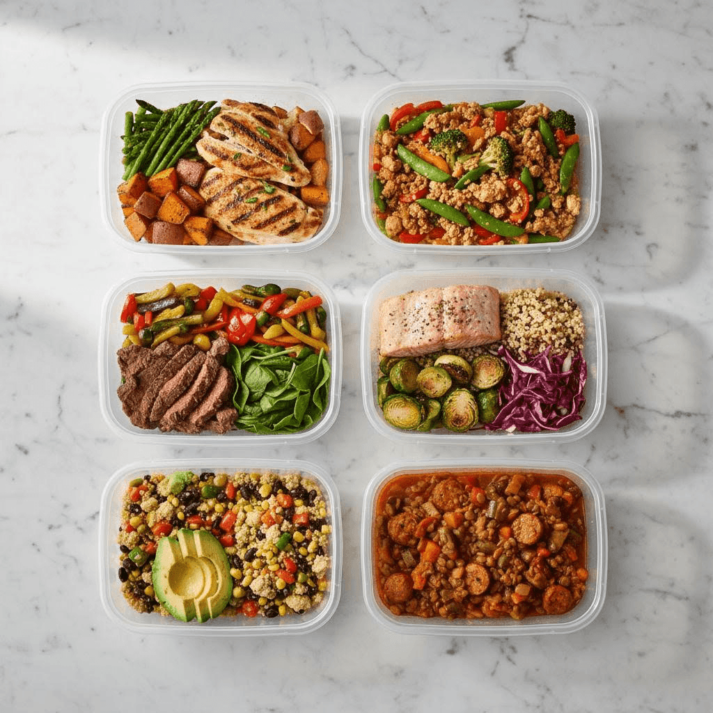 Contenants de repas équilibrés préparés en batch cooking